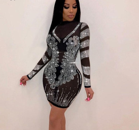 Black Mesh Studded Long Sleeve Mini Dresses