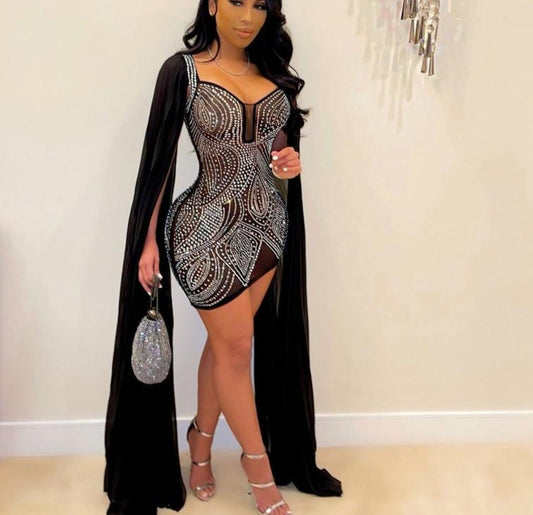 Floor Length Flare Cape Sleeve Mesh Crystal Dresses