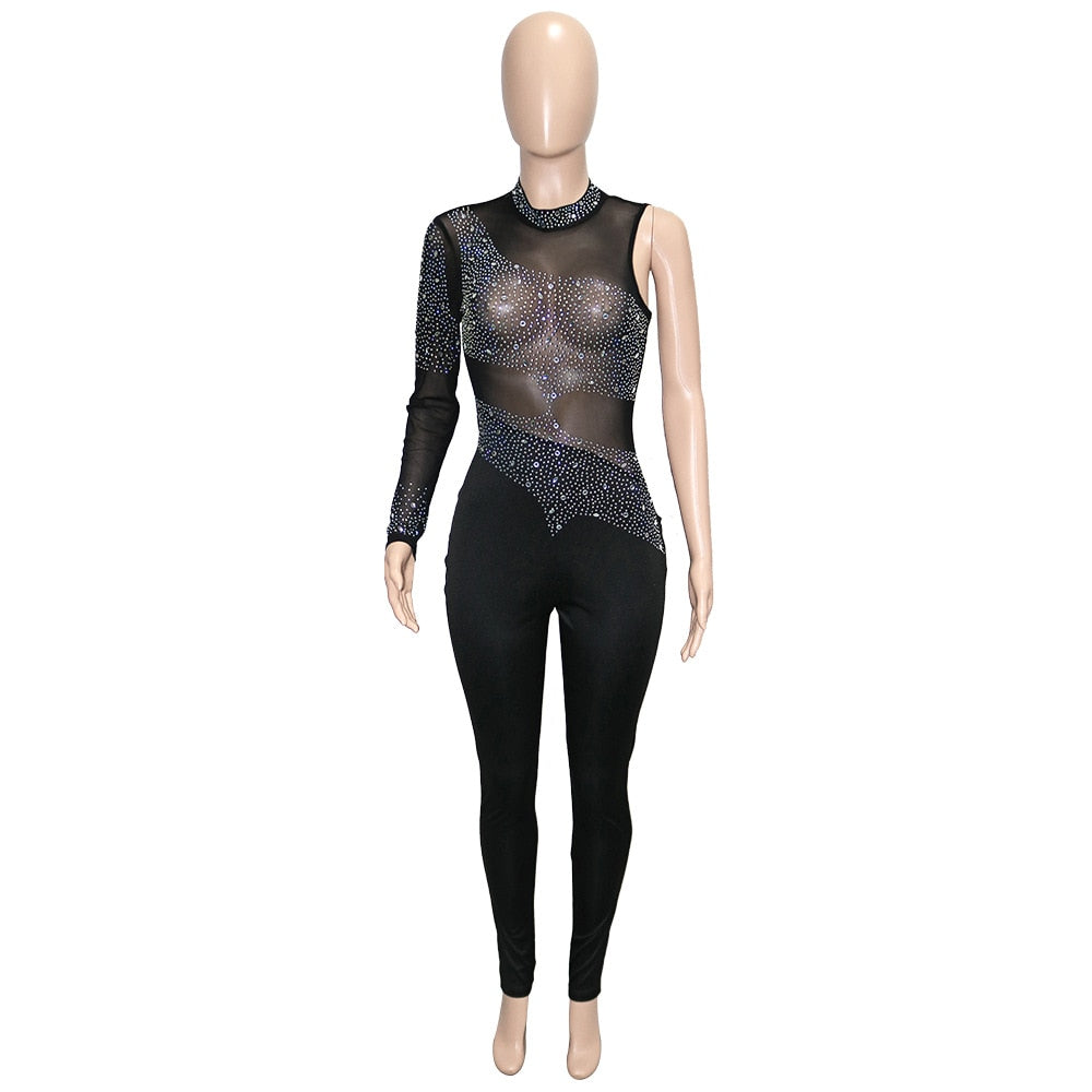 Edikted Kristine Rhinestone Sheer Long Sleeve Mesh Jumpsuit in Black | Lyst