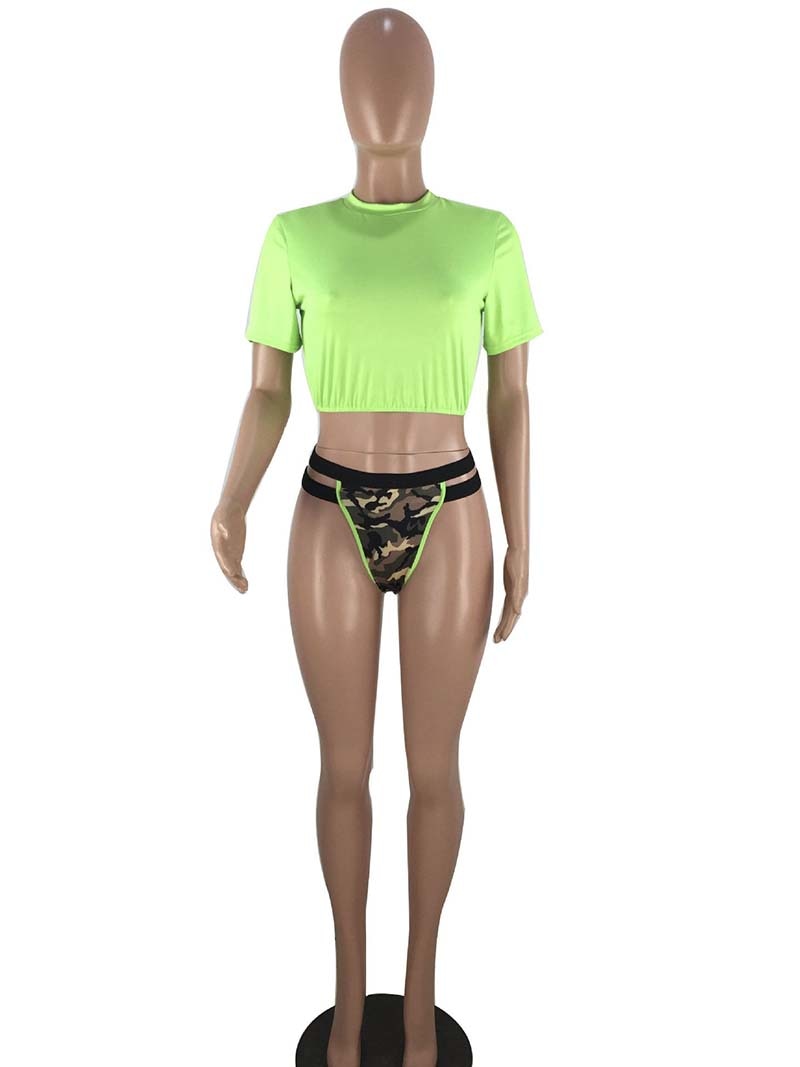 Neon Green Camo High Waist Bikini Sets