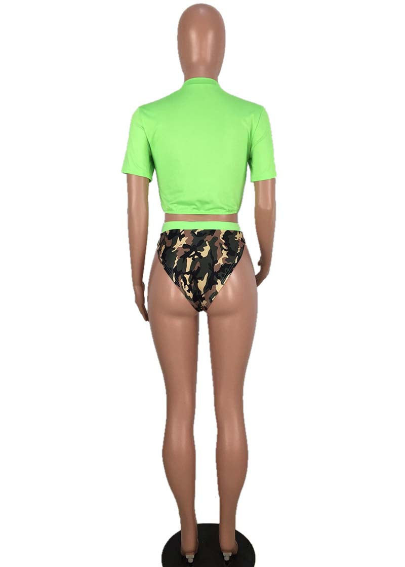 Neon Green Camo High Waist Bikini Sets