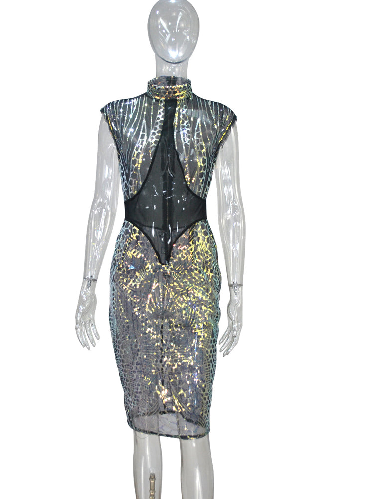 Mesh Sequin Sleeveless Midi Dress