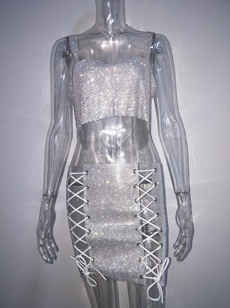 Shiny Crystal Crop Top and Mini Skirt Sets