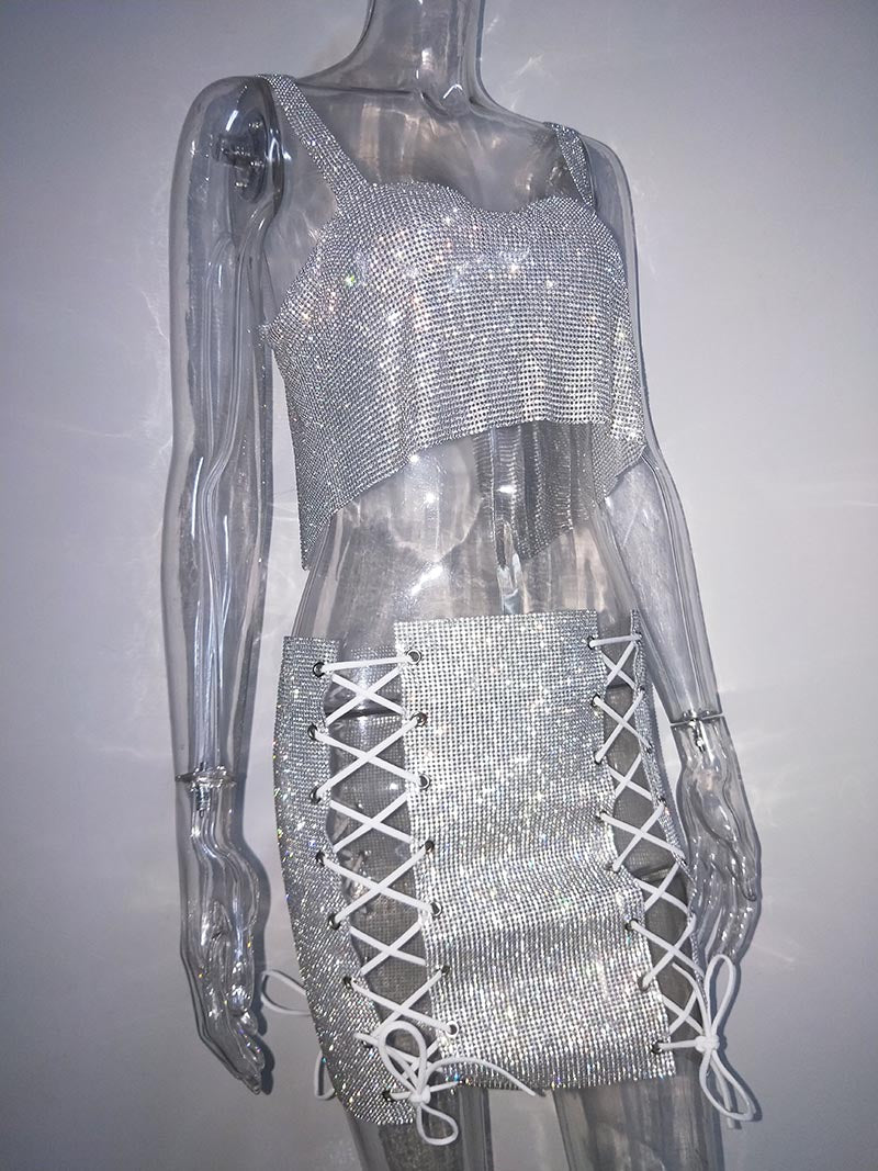 Shiny Crystal Crop Top and Mini Skirt Sets