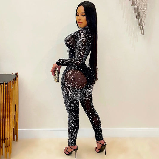 Mesh Rhinestone Studded Crop Top And Leggings