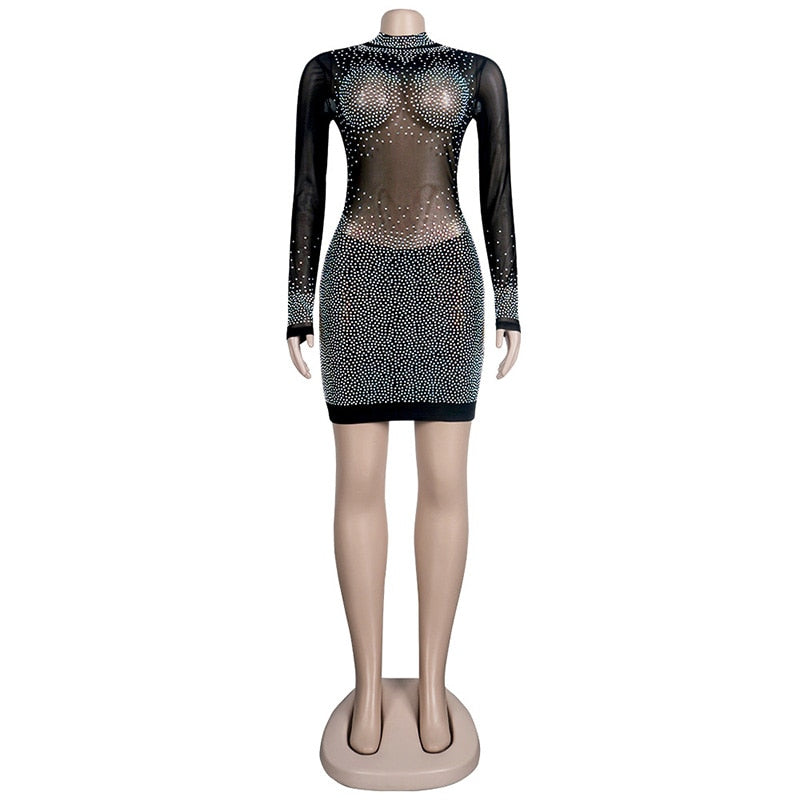 Sparkly Rhinestone Long Sleeve Fishnet Sheer Club Mini Dress