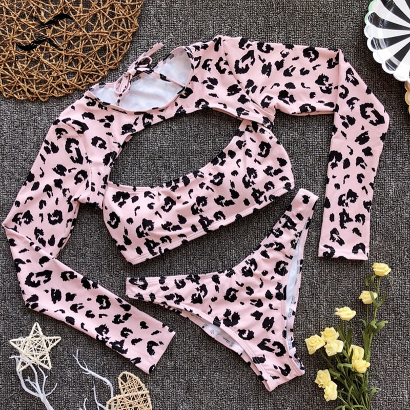 Leopard Print Long Sleeve Micro Top Bikini Sets