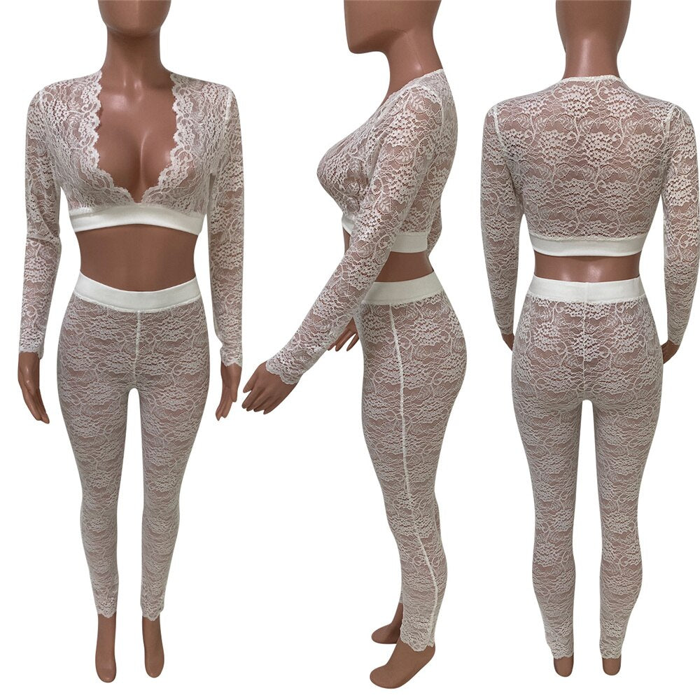Floral Lace See Through Crop Top & Leggings