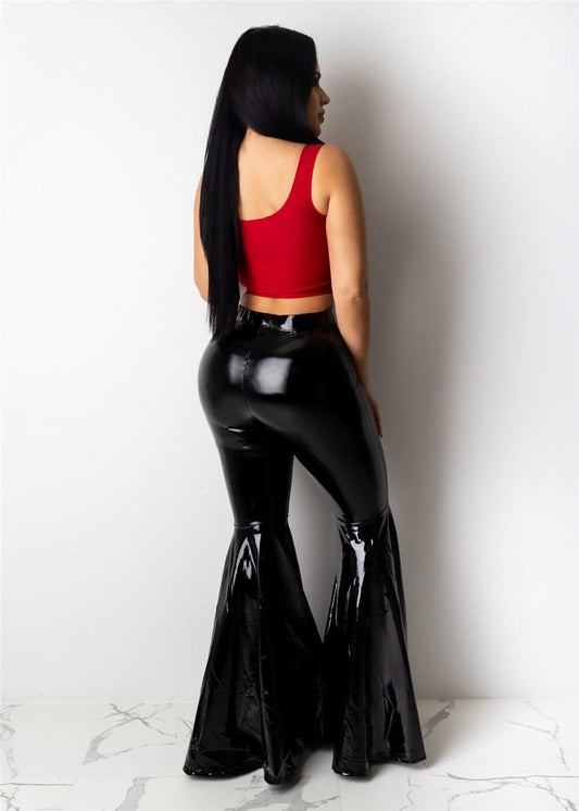 PU Faux Leather High Waist Flare Pants