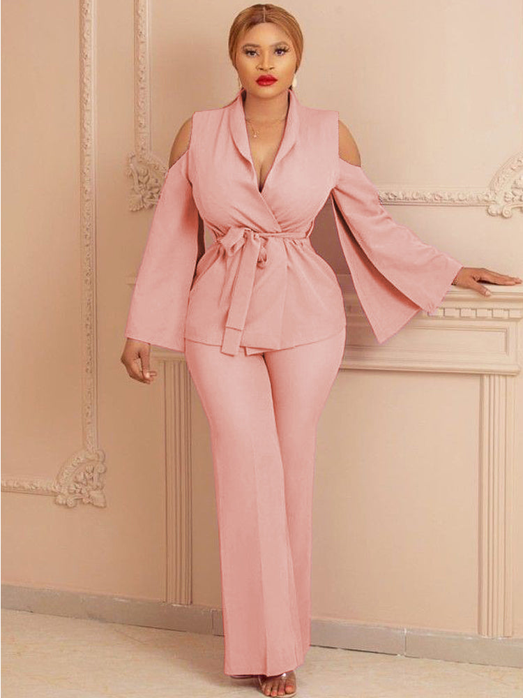 Bare Shoulder Blazers and Pants Sets