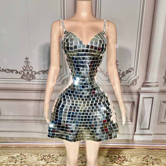 Square Mirrors V Neck Mini Dresses