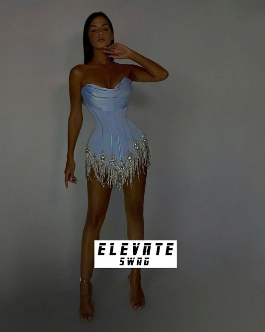 Satin Blue Corset Crystal Tassel Mini Dress