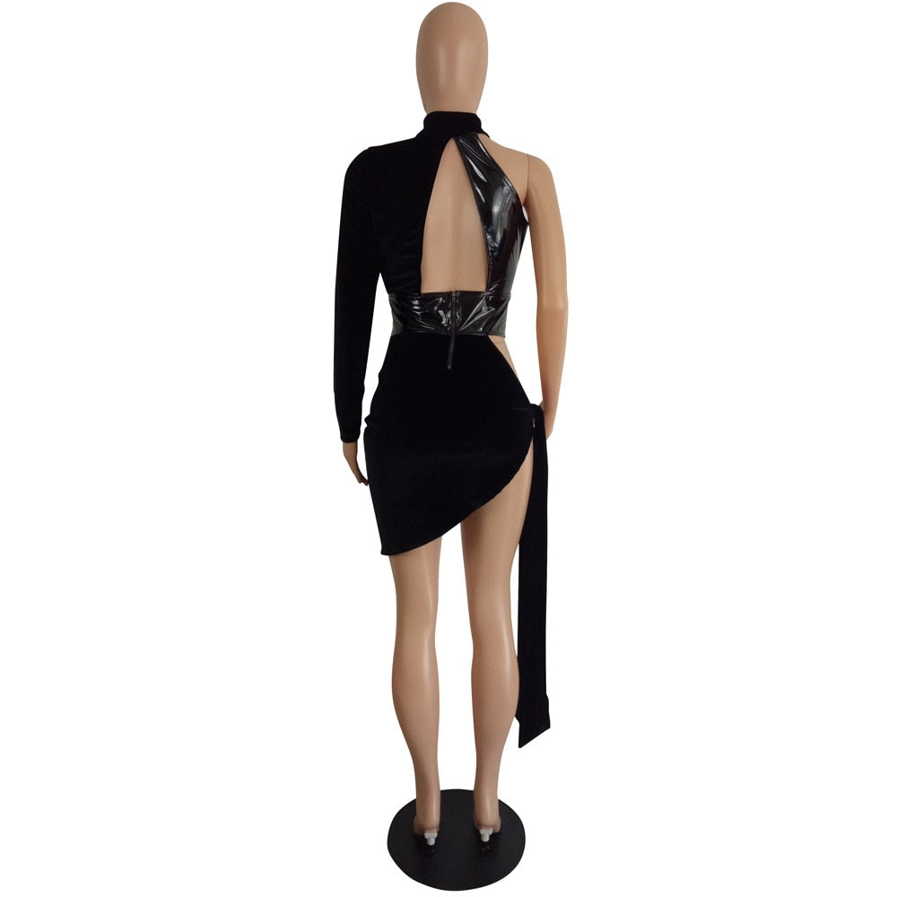 Black Pu Leather Cut Out Velvet Mini Dress