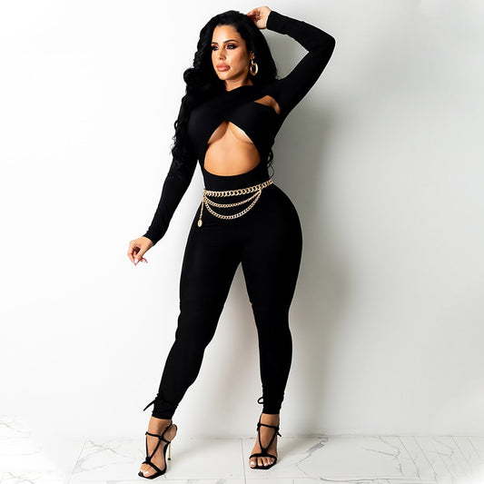 Cross Hollow Long Sleeve Jumpsuits