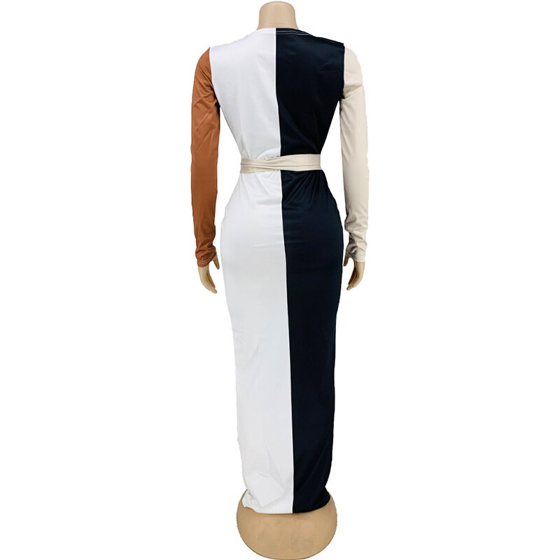 Deep V Color Block Long Sleeve Maxi Dresses