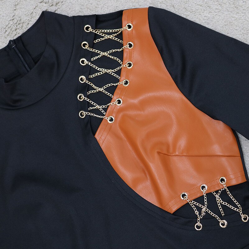 Pu Leather Color Block Chains Mini Dresses