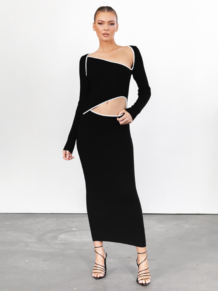 Long Sleeve Hollow Rib Maxi Dresses