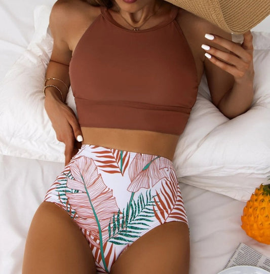 Leaf Print High Waist Bikini Sets