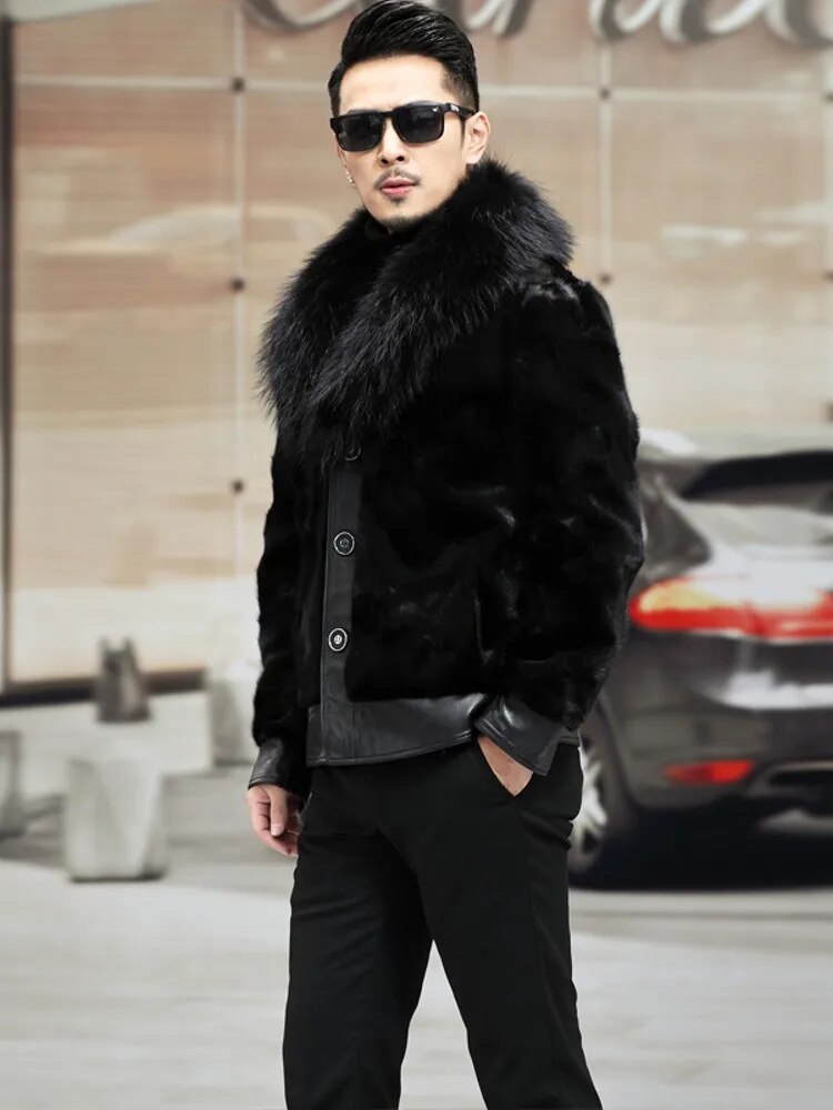 Real Mink Fur Coat Genuine Leather Real Fur Collar