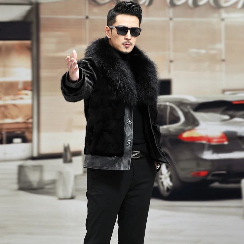 Real Mink Fur Coat Genuine Leather Real Fur Collar