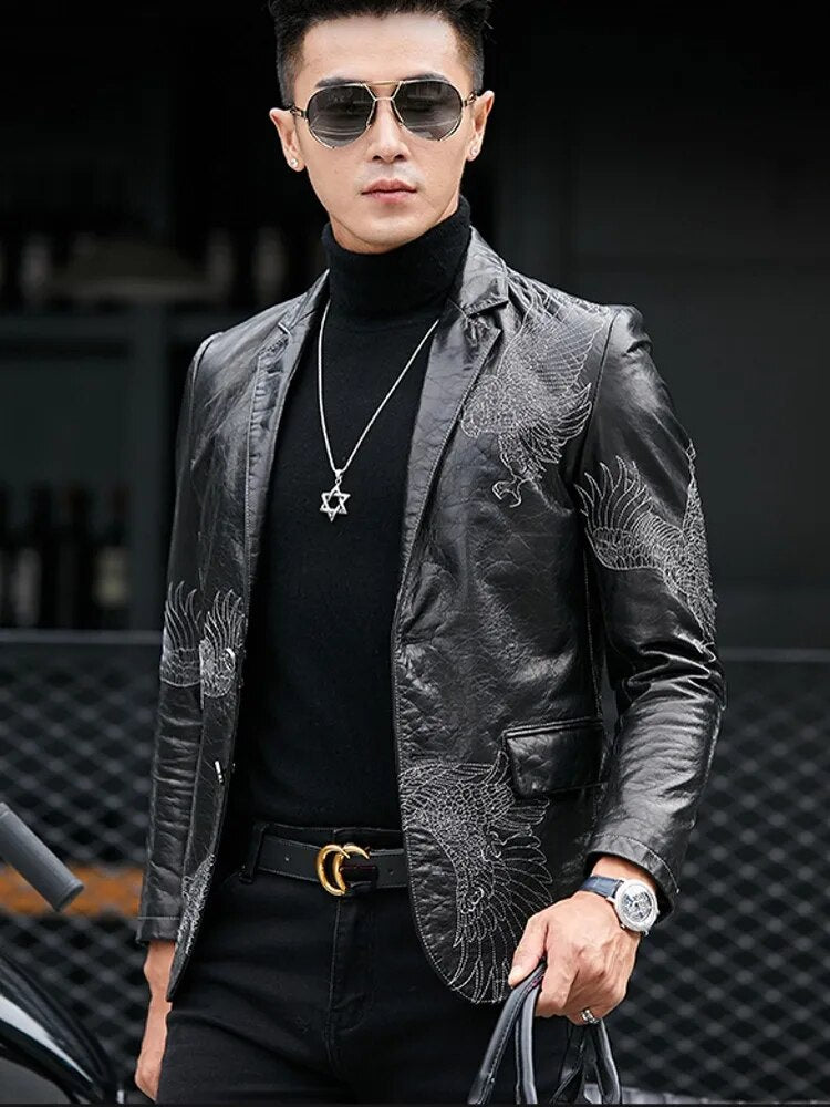 Genuine Leather Eagle Embroidery Blazer Jacket Slim Fit