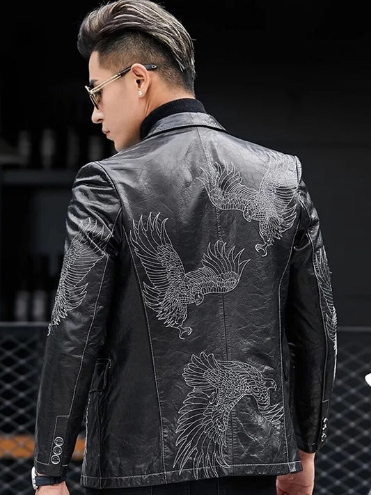 Genuine Leather Eagle Embroidery Blazer Jacket Slim Fit