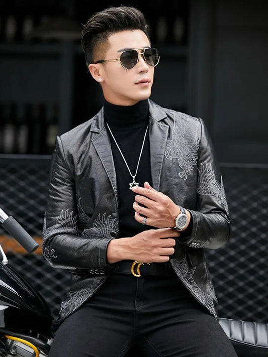 Genuine Leather Eagle Embroidery Blazer Jacket Slim Fit