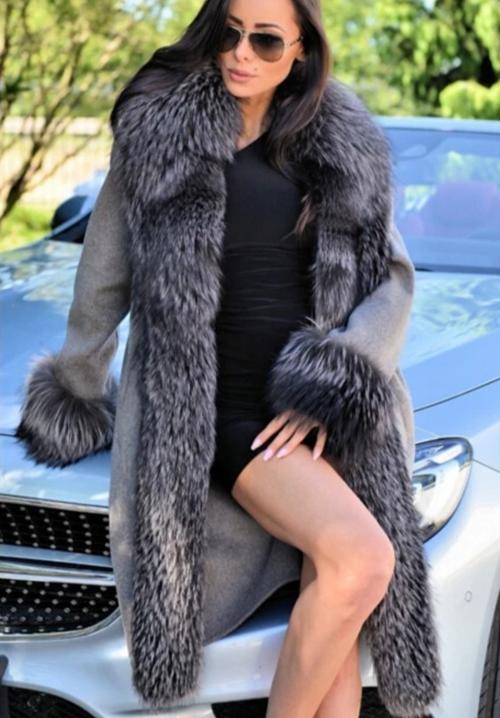 GREY CASHMERE REAL SILVER FOX FUR THICK COLLAR LONG COAT