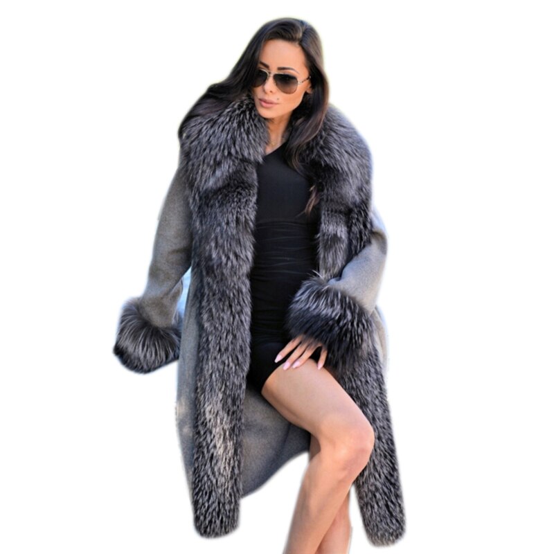 GREY CASHMERE REAL SILVER FOX FUR THICK COLLAR LONG COAT