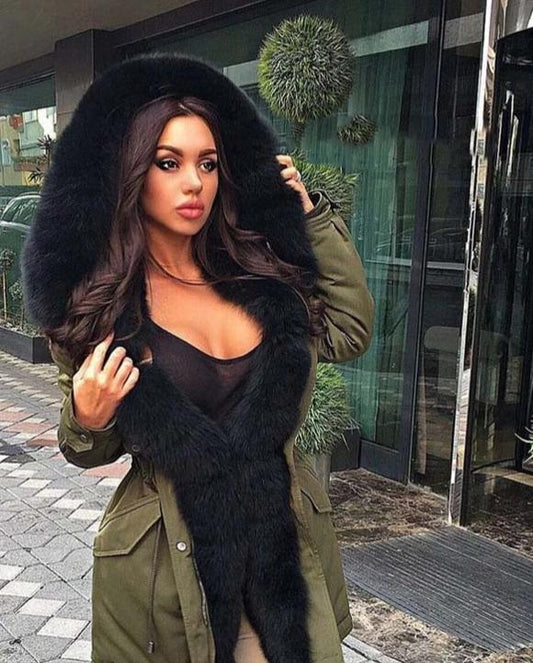 Green Real Rabbit Fur Liner With Fox Fur Collar Parka Coat