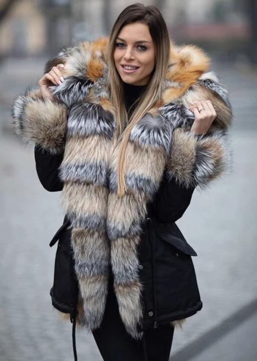 Black Rex and Silver Fox Fur Pelt Collar Parka Coats