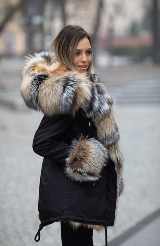 Black Rex and Silver Fox Fur Pelt Collar Parka Coats