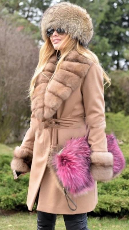 CASHMERE Real Fox Fur Lining With Fox Fur Collar Coat