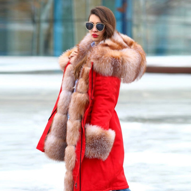 Red Real Natural Rex Fox Fur Collar Parka Coat