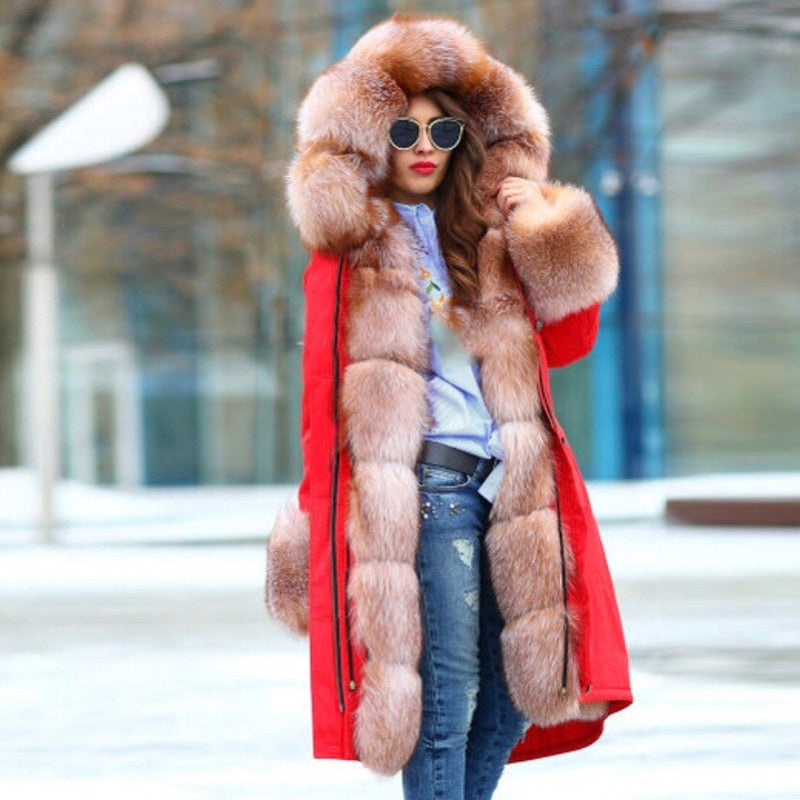 Red Real Natural Rex Fox Fur Collar Parka Coat