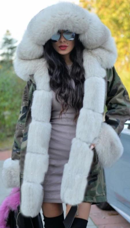 Camo Real Rabbit Fur Liner With Fox Fur Collar Parka Coat