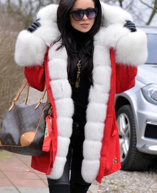 White Fox Fur Collar Parka Red Coat