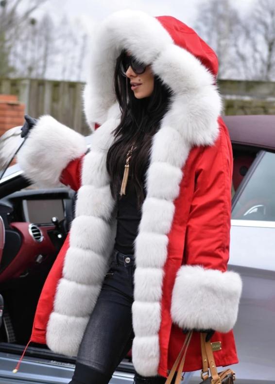 White Fox Fur Collar Parka Red Coat