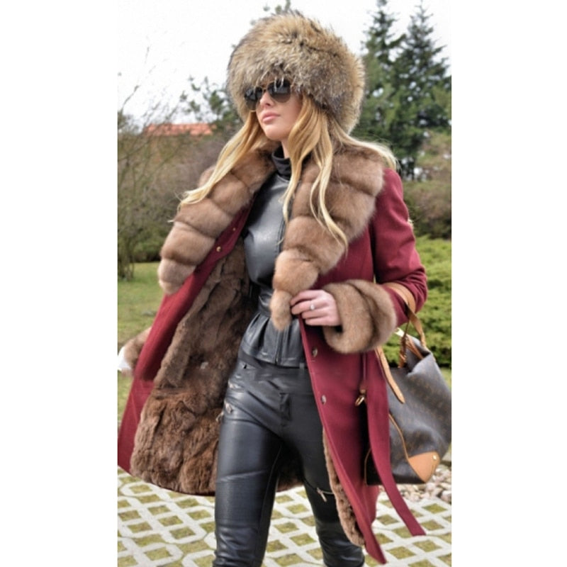 CASHMERE Real Fox Fur Lining With Fox Fur Collar Coat {Multi-Colors)