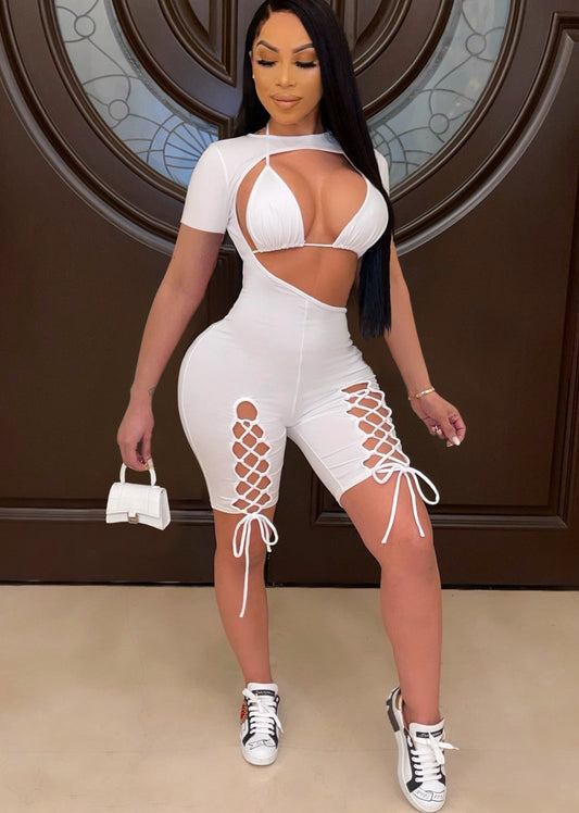 Cut Out Bra Lace Up Short Sleeve Rompers