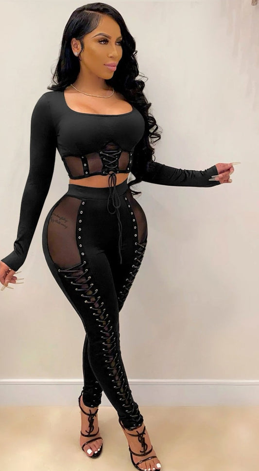 Mesh Lace Up Crop Top & Legging Sets