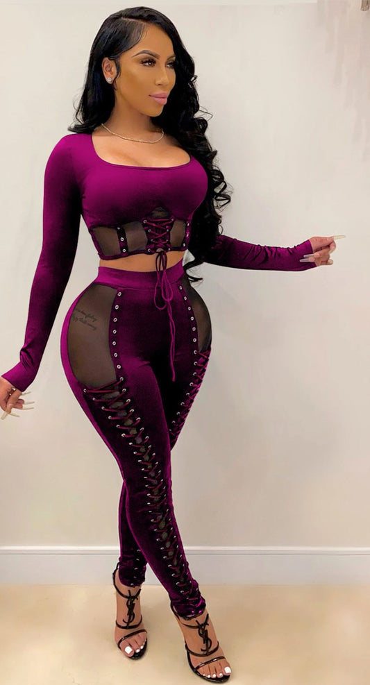 Mesh Lace Up Crop Top & Legging Sets