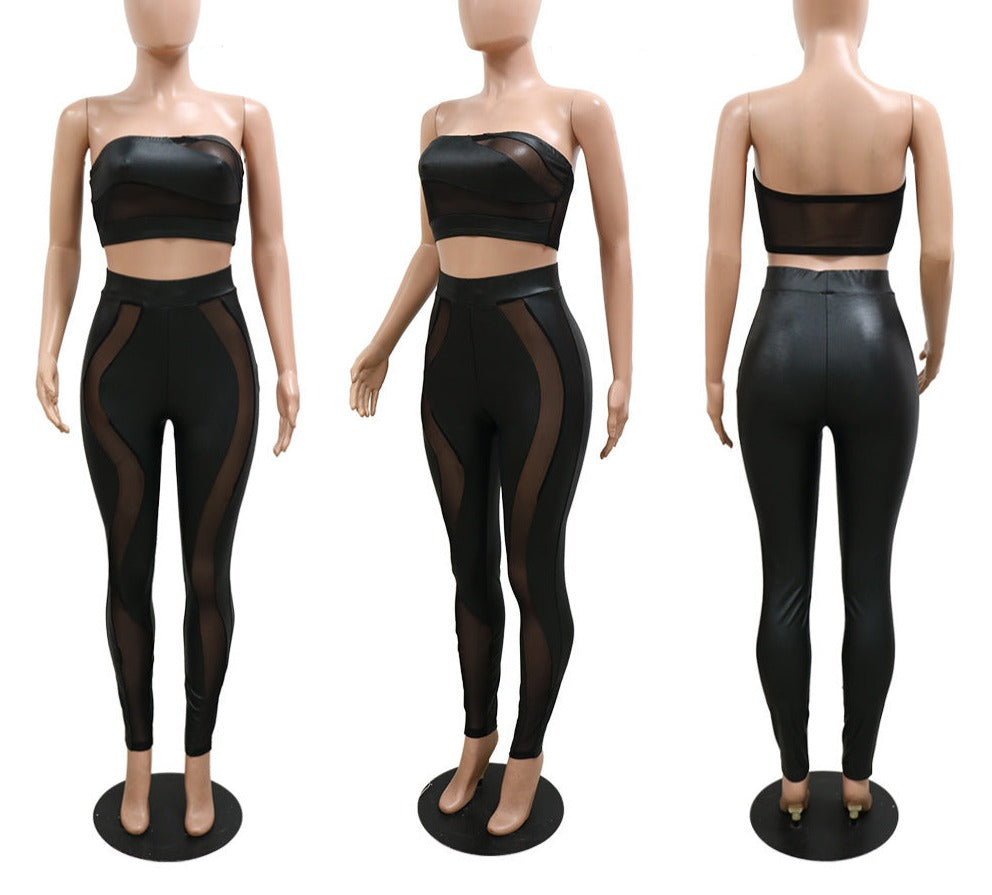 Mesh PU Tube Top and Leggings Sets