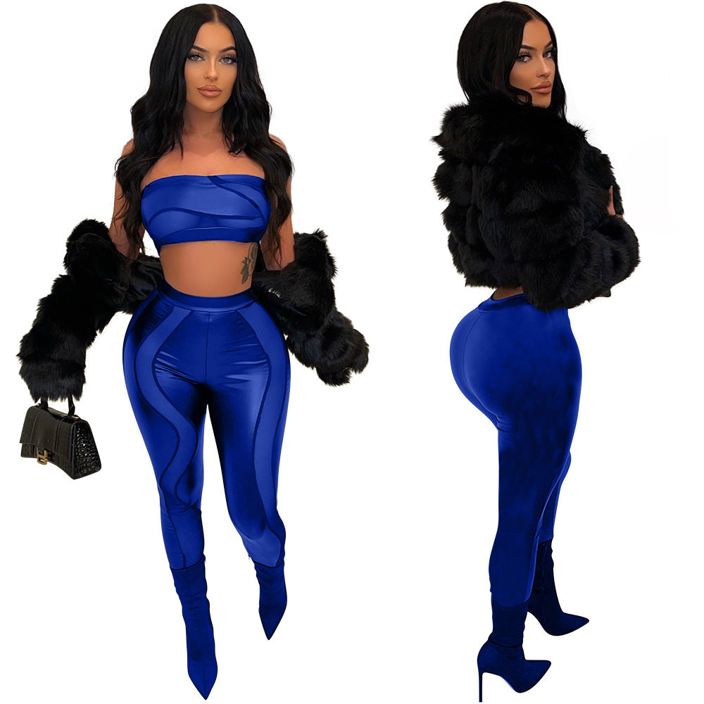 Mesh PU Tube Top and Leggings Sets