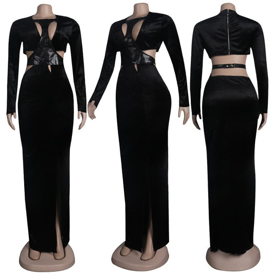 Velvet PU Snake Cut Out Slit Maxi Dress