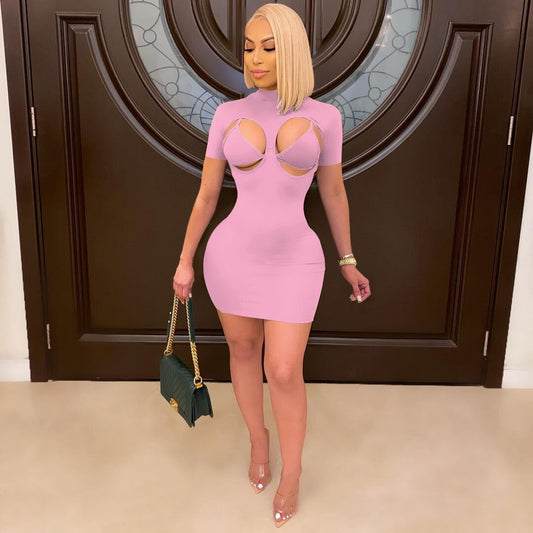 Hollow Breast Elastic Mini Dresses with Bra