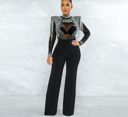 Rhinestone Mesh Shoulder Tassel Jumpsuits
