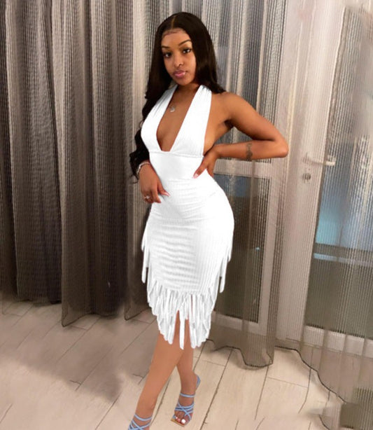 Ribbed Halter V Tassel Midi Dresses