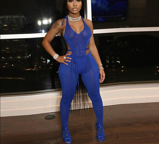 Mesh Halter Bandage Hip Bodysuit & Pants Sets