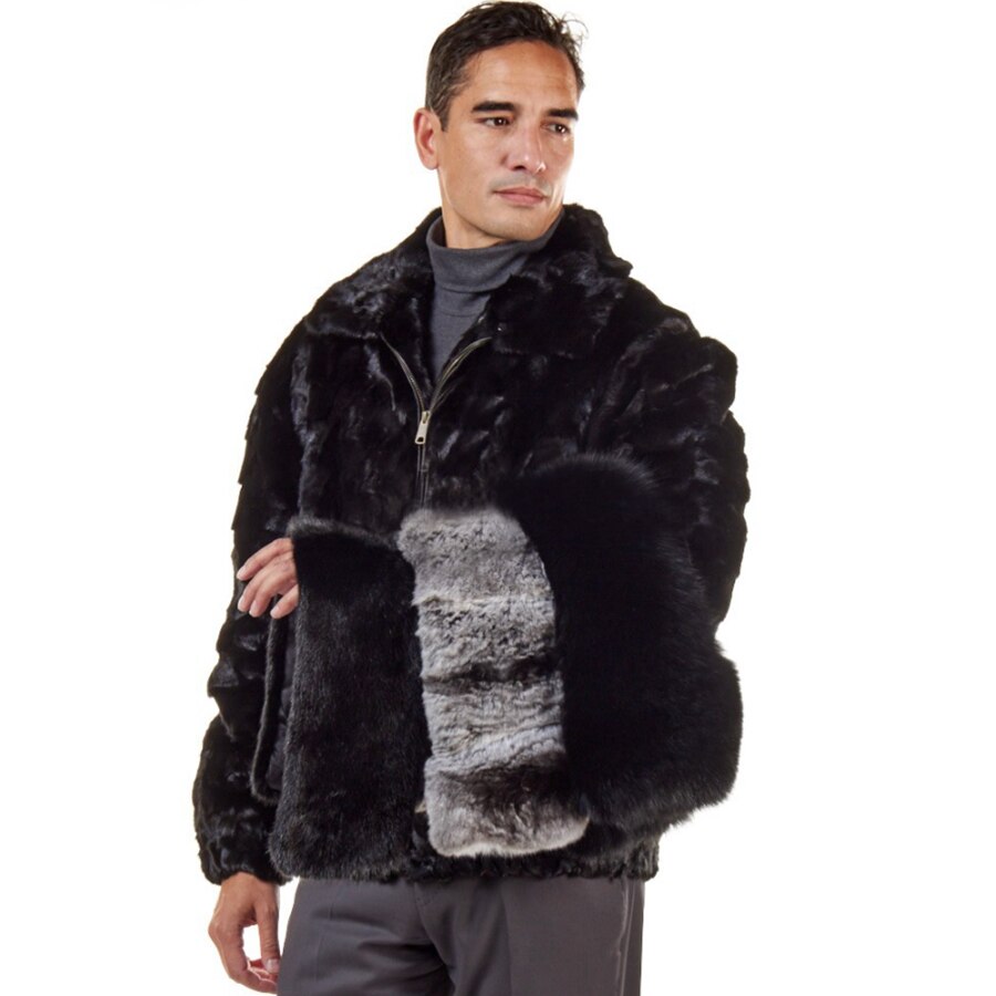 Real Mink Fur Bomber Fox Fur Collar Black